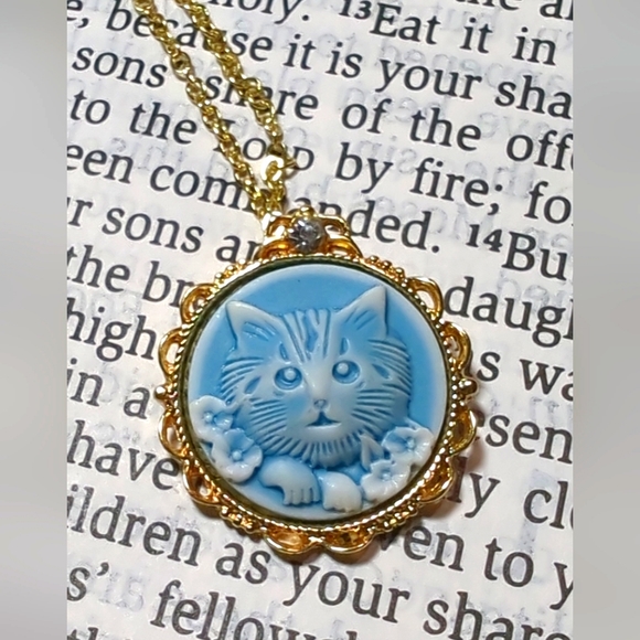 Source Unknown Jewelry - Cameo KITTY CAT NWOT NECKLACE PENDANT Blue/White 18K Gold PLATE CHAIN NWOT